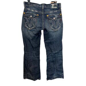 MEK Denim Oaxaca Bootcut Jeans Size 34/30 Distressed Dark Wash Embroidery Classi